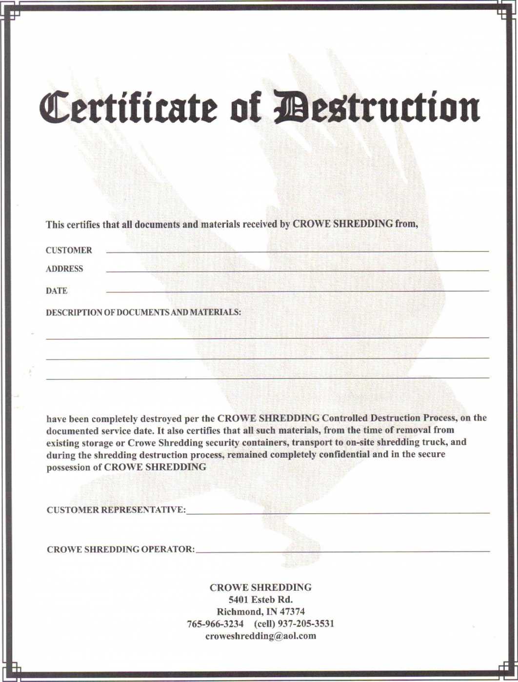 004 Certificate Of Destruction Template Free Form Throughout Destruction Certificate Template