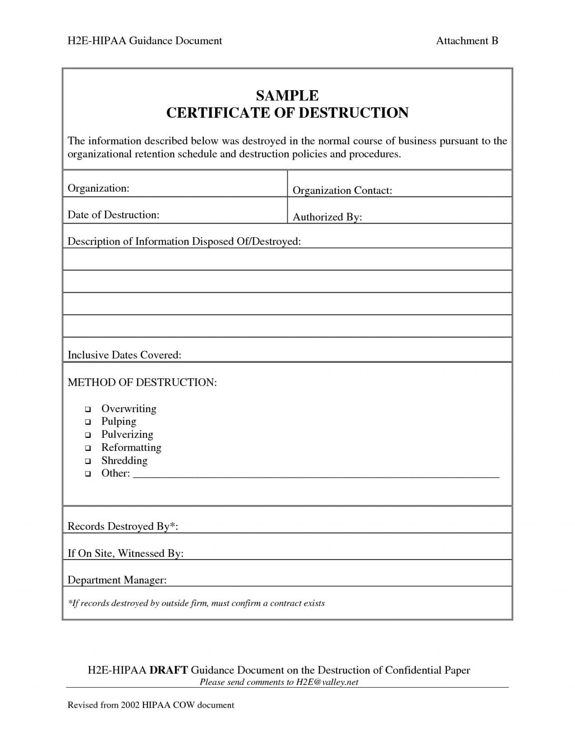 005 Certificate Of Destruction Template Ideas Exceptional Inside Free Certificate Of Destruction Template