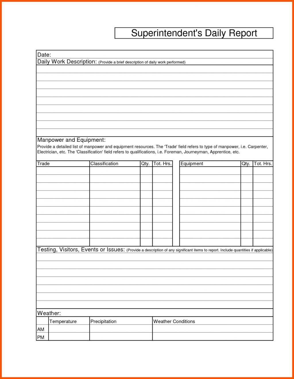 005 Construction Superintendent Daily Report Forms Work Mail Inside Daily Report Sheet Template