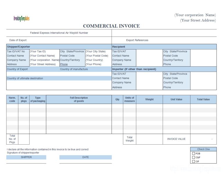 009 commercial fedex landscape blank invoice form pdf