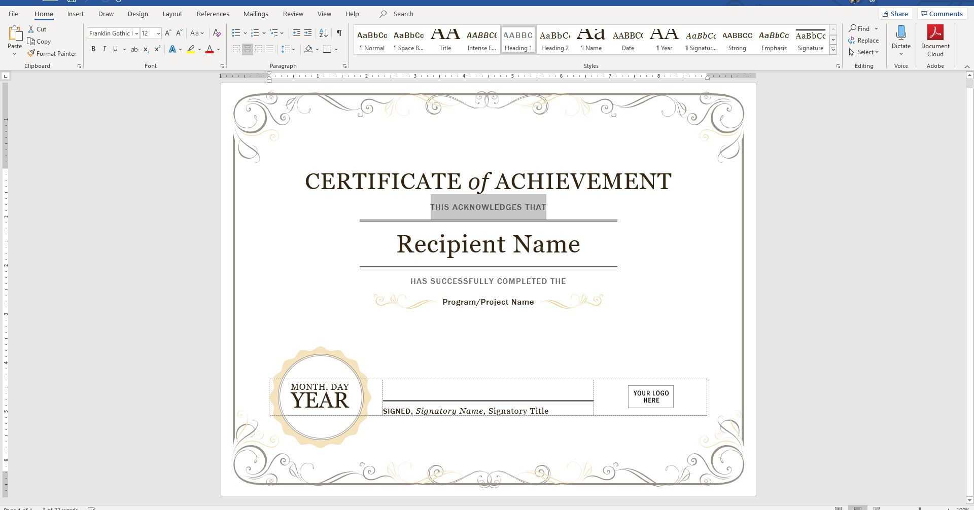 015 Template Ideas Create Certificate Of Recognition In With Free Certificate Templates For Word 2007