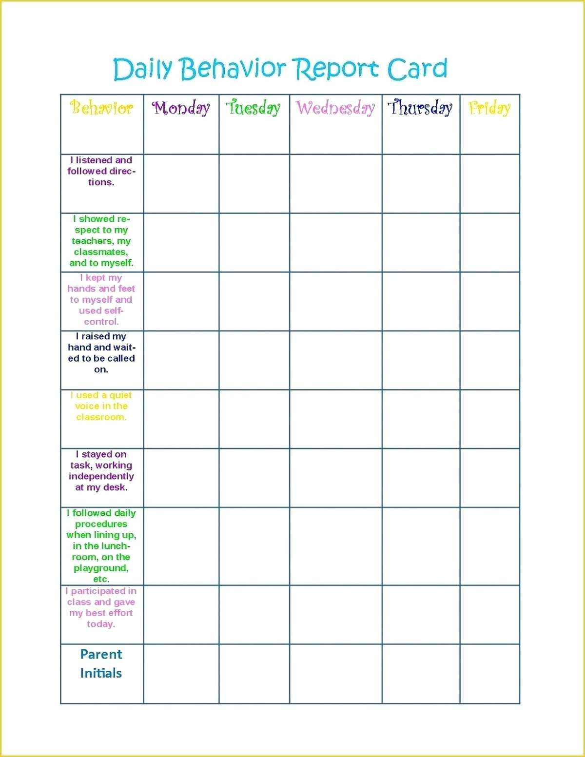 021 Free Behavior Chart Template Of Daily Printable Colorful Pertaining To Daily Behavior Report Template