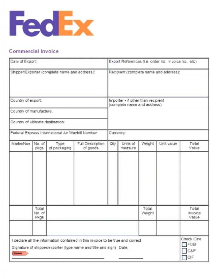 fedex commercial invoice template excel