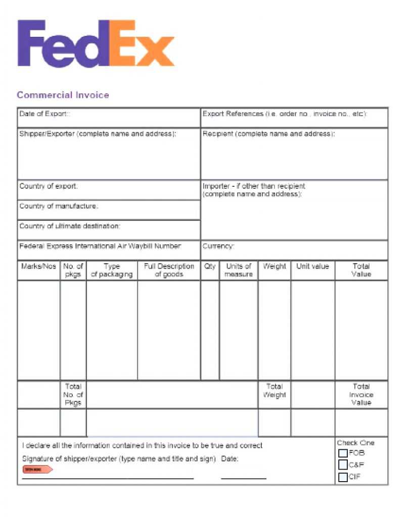 fedex commercial invoice template excel