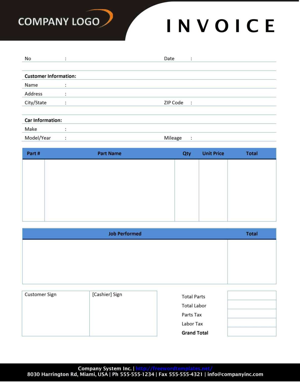 Car Service Invoice Template Free Download