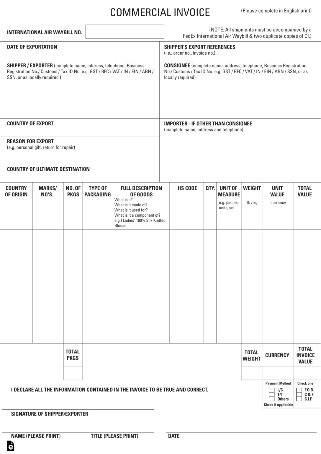 customs commercial invoice template