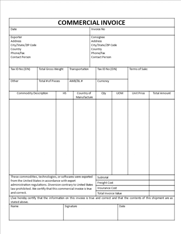 commercial invoice template for us customs