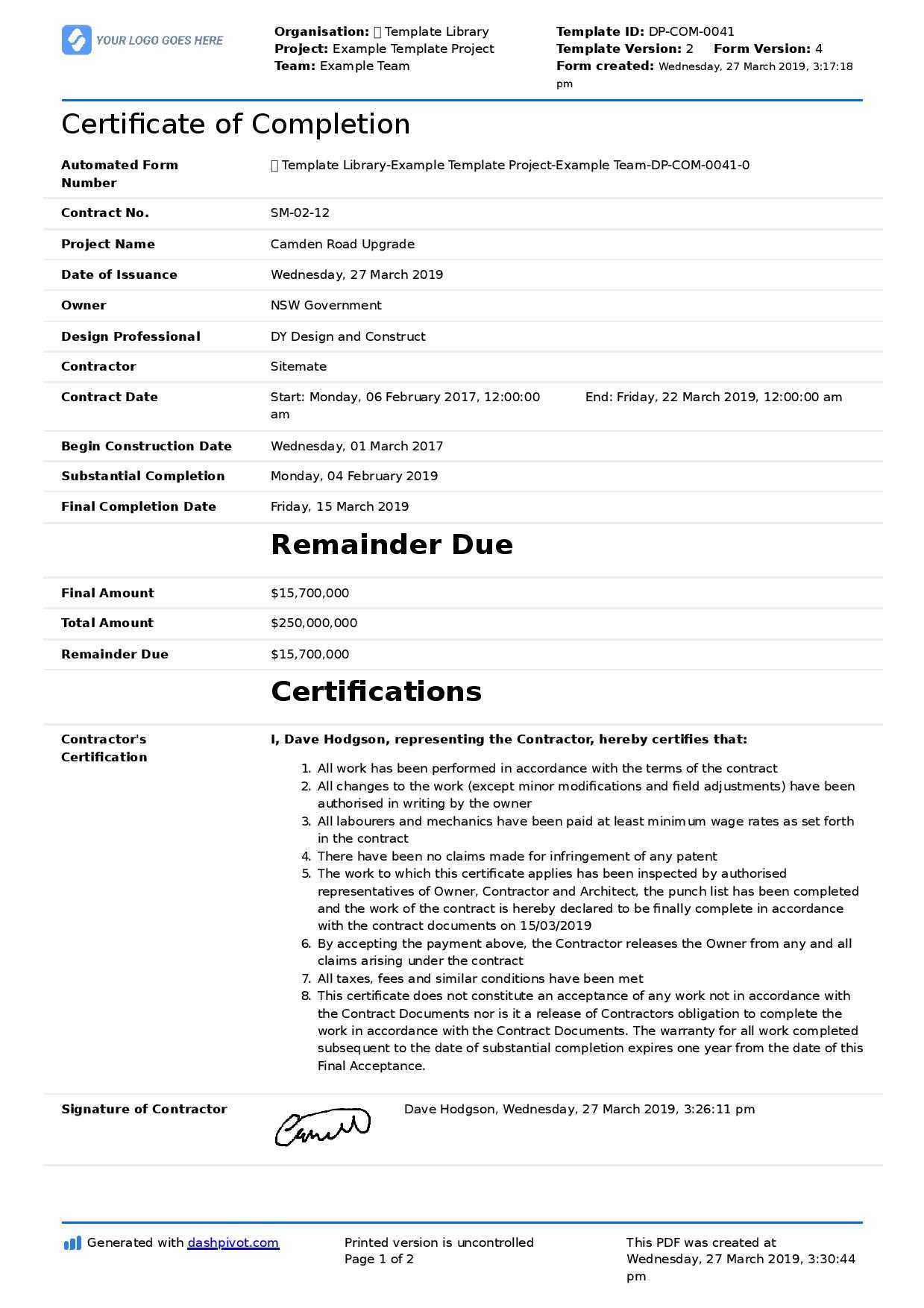 040 Free Construction Contract Agreement Template Example For Construction Certificate Of Completion Template