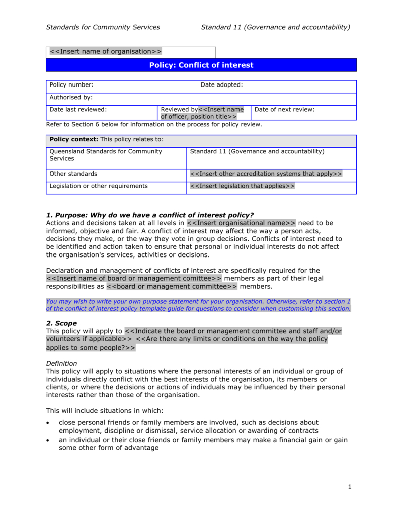 11.4 Conflict Of Interest Policy Template Intended For Conflict Of Interest Policy Template