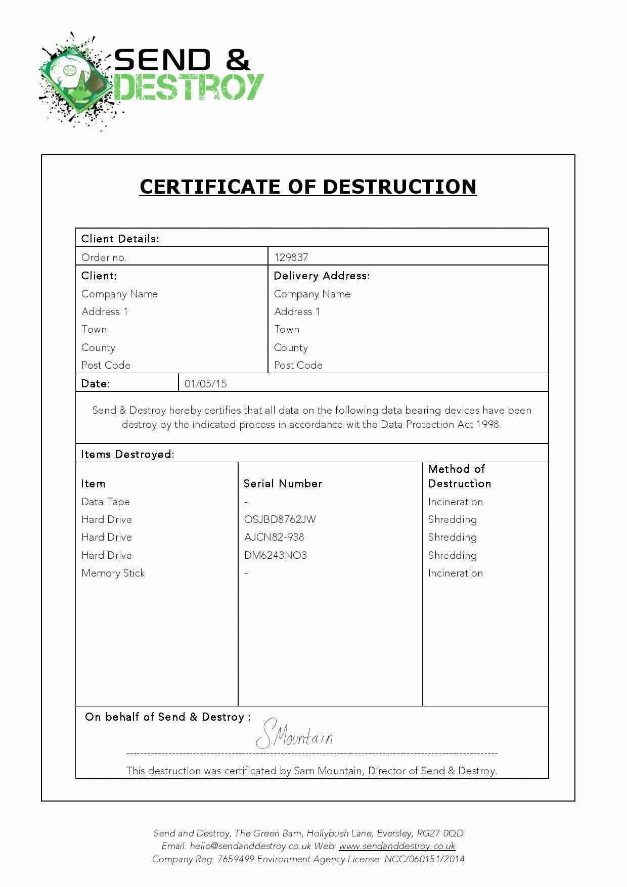 12 Certificate Of Destruction Template | Resume Letter Inside Destruction Certificate Template