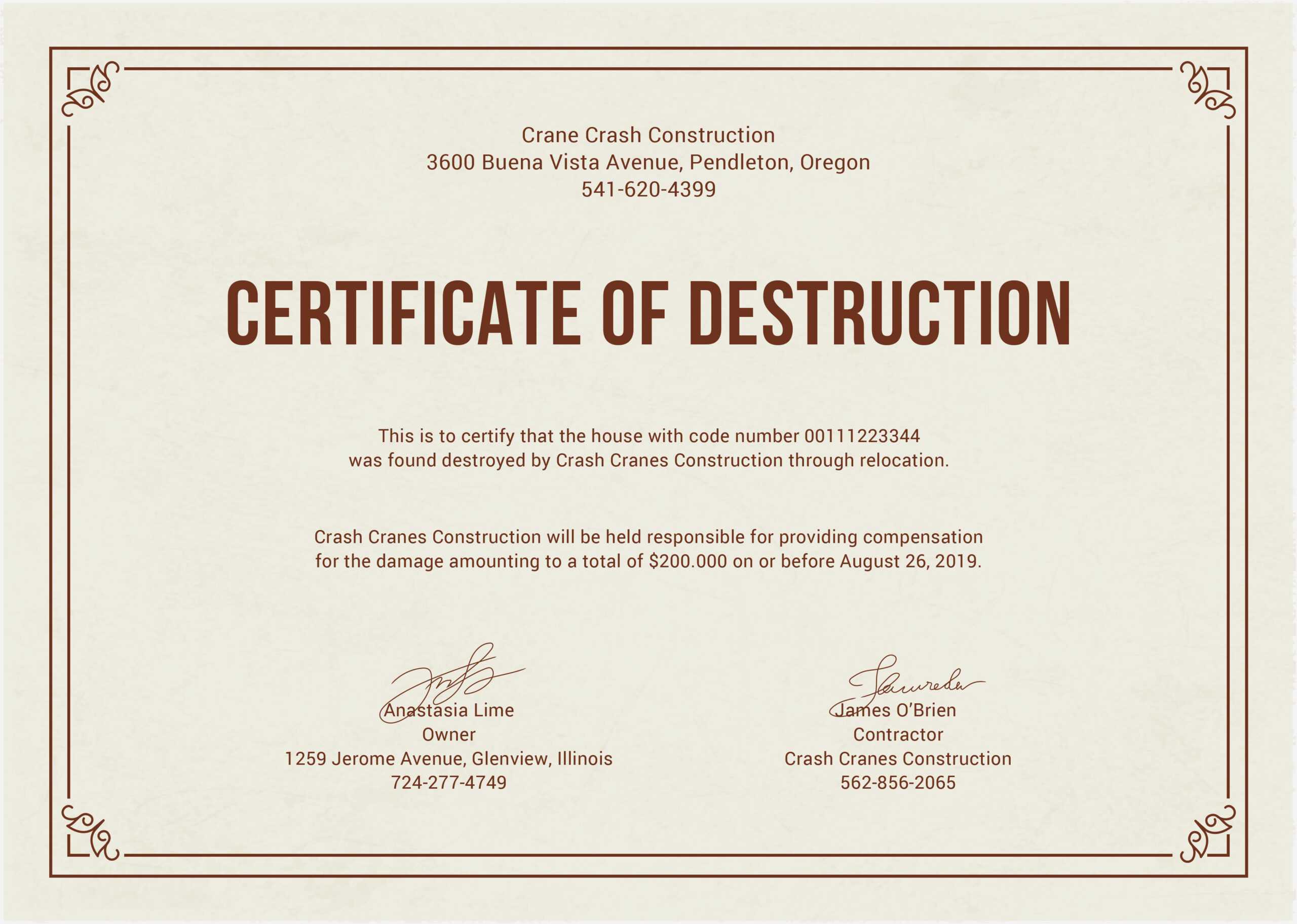12 Certificate Of Destruction Template | Resume Letter Throughout Destruction Certificate Template