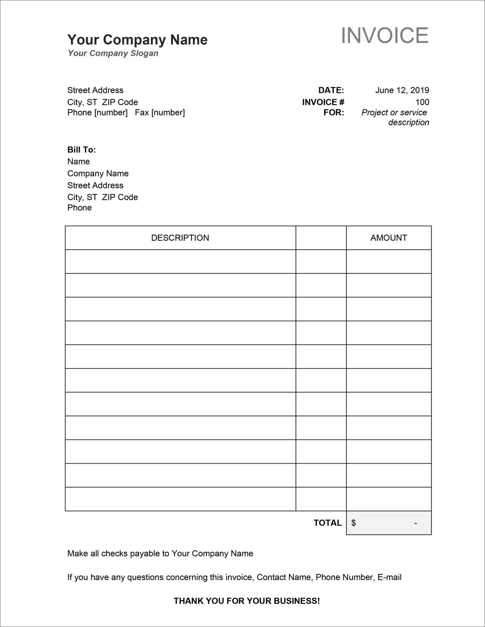 free printable commercial invoice template