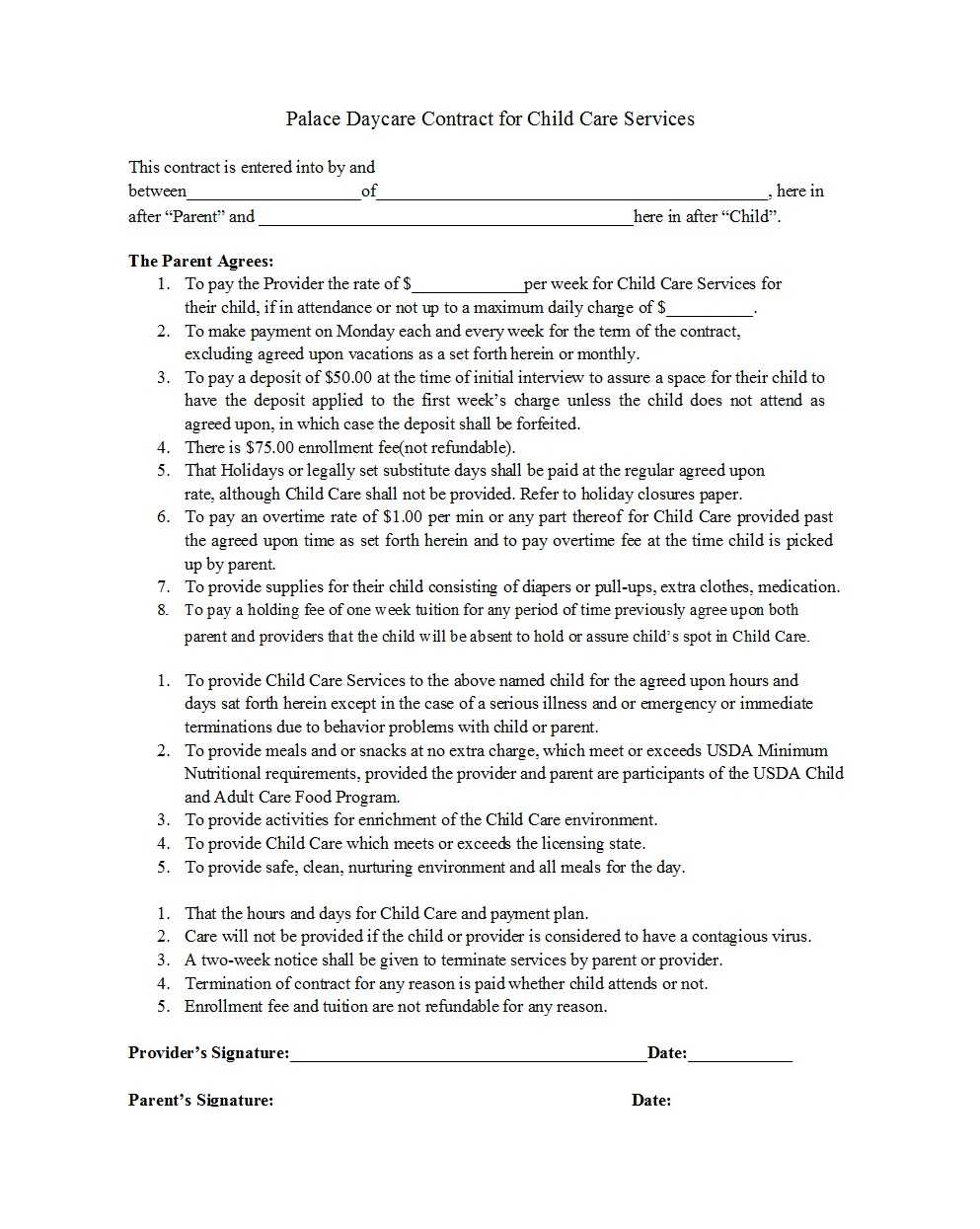 50 Daycare, Child Care & Babysitting Contract Templates Intended For Daycare Contract Template