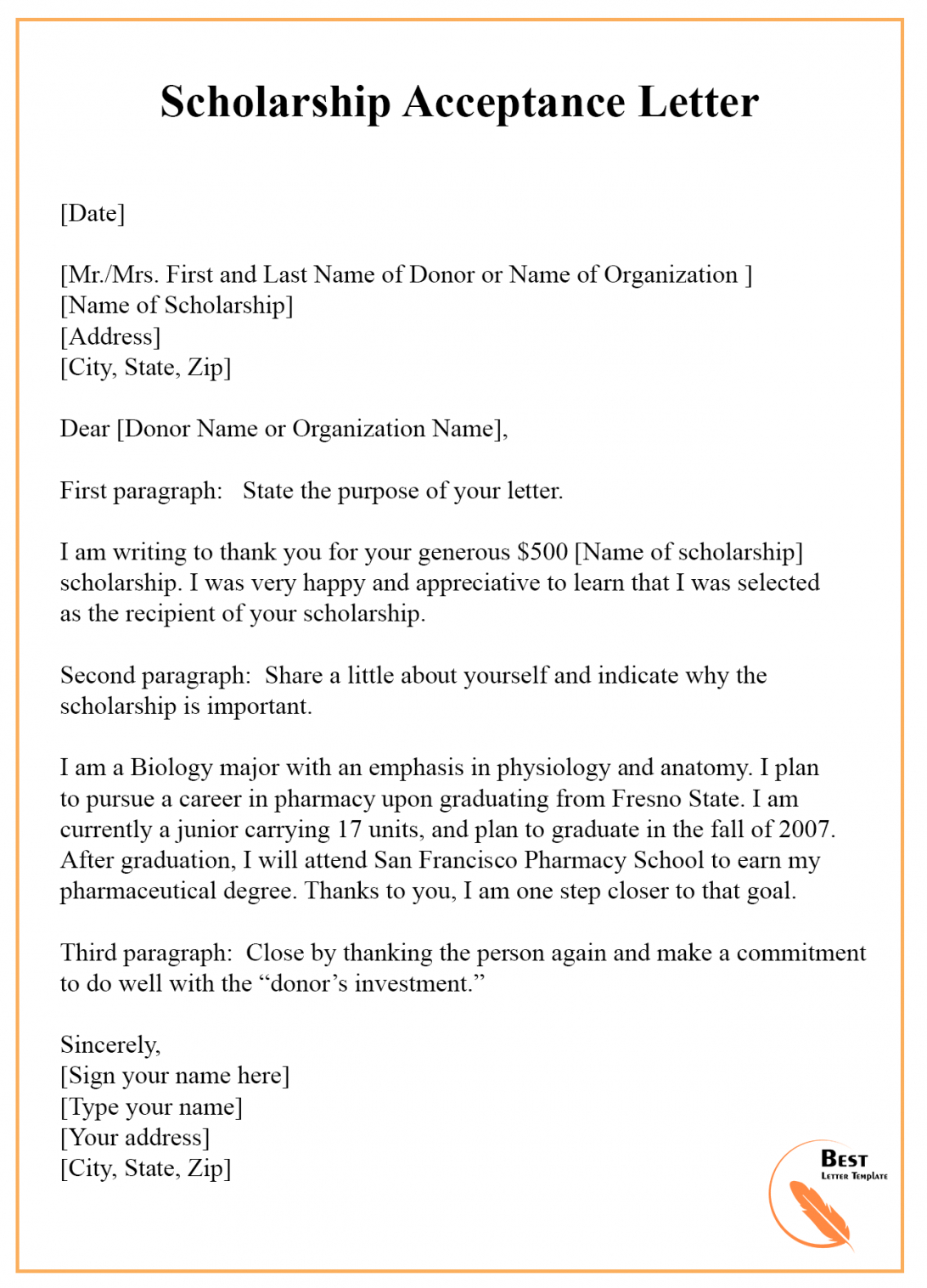 7 Scholarship Acceptance Letter Template Example Samples Regarding College Acceptance Letter Template