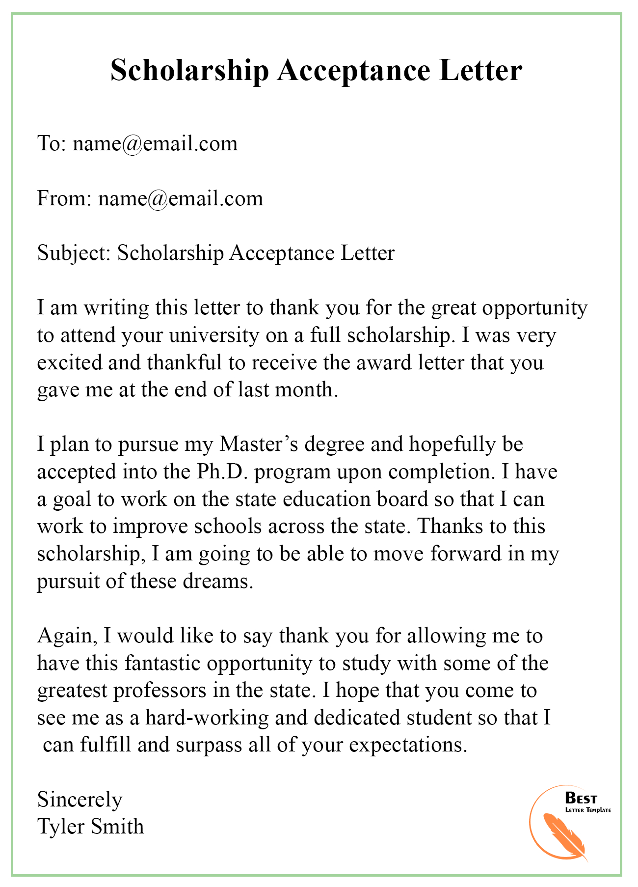7+ Scholarship Acceptance Letter Template [Example & Samples With Regard To College Acceptance Letter Template