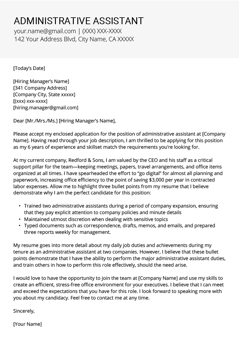 Administrative Assistant Cover Letter Example & Tips Inside Cover Letter Template For Office Assistant