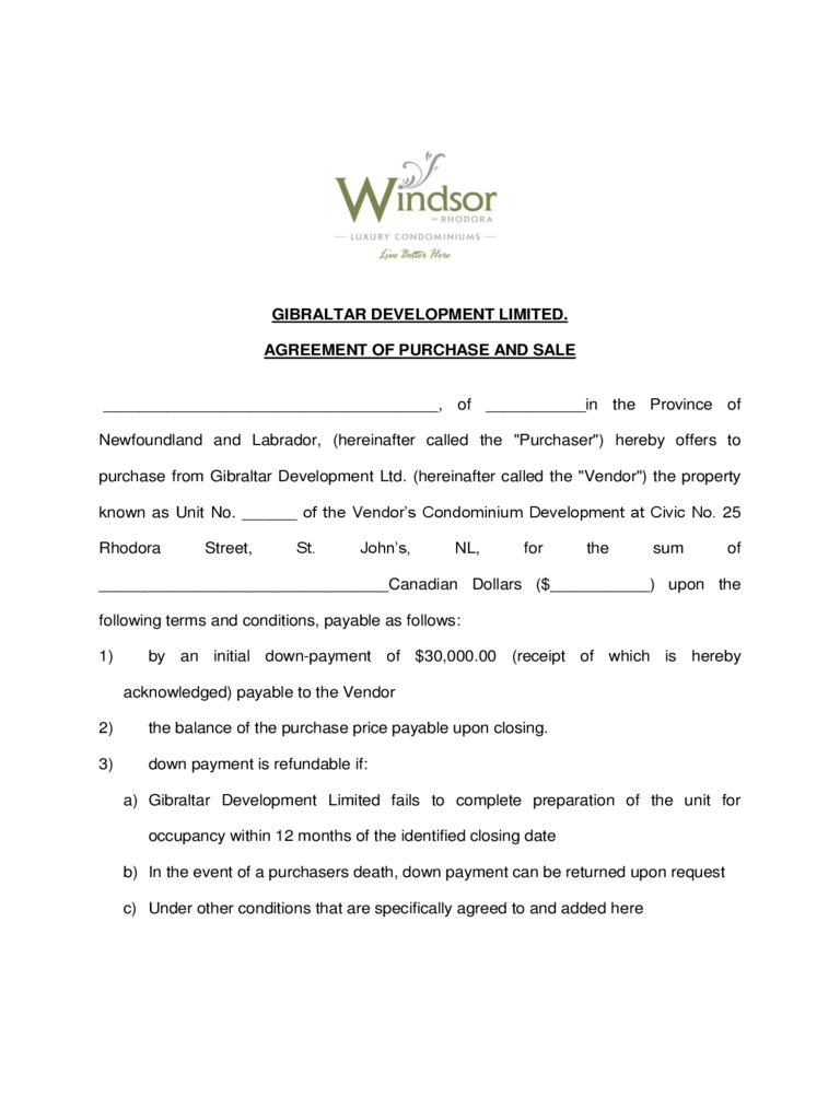 Agreement Of Purchase And Sale – Newfoundland And Labrador Inside Free Real Estate Purchase Agreement Template