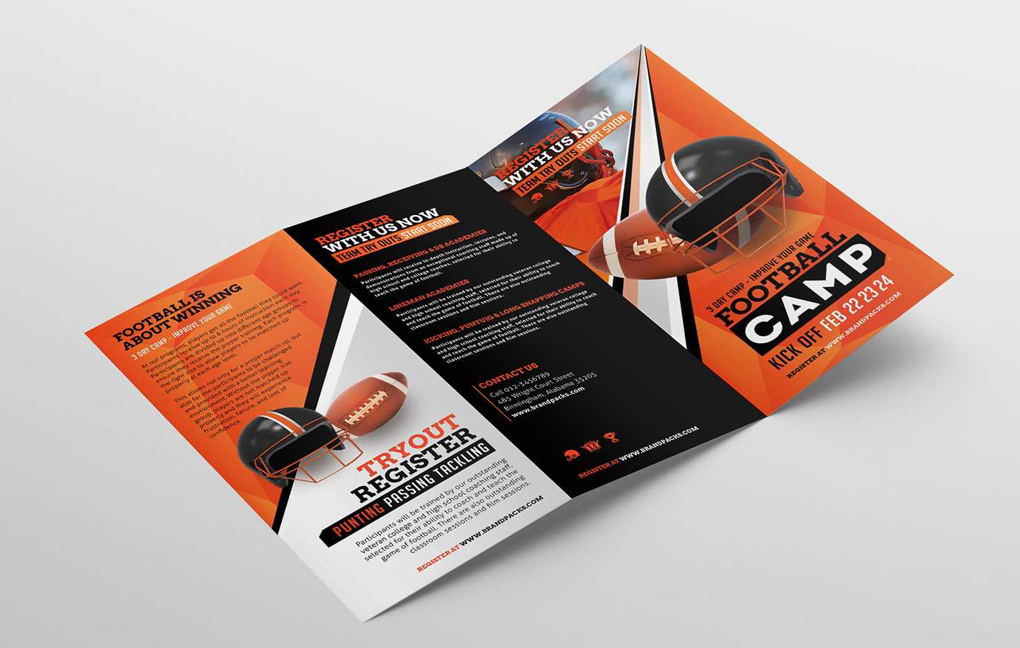 American Football Camp Tri Fold Brochure Template In Psd, Ai Pertaining To Football Camp Flyer Template Free