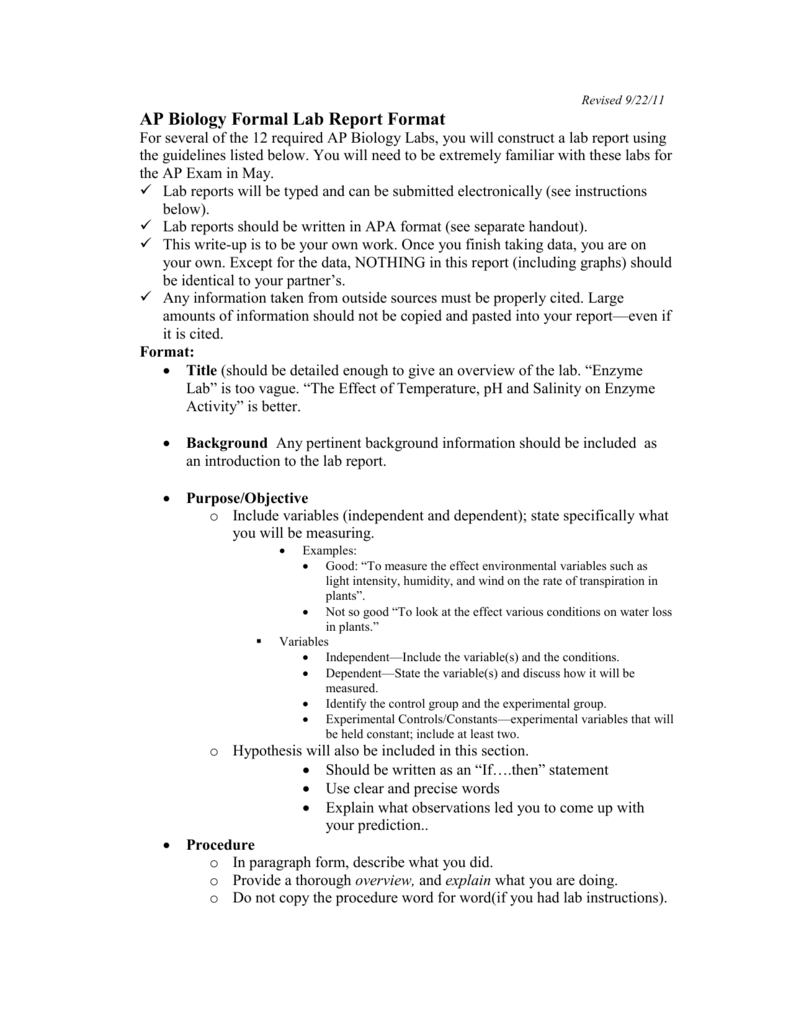 Ap Biology Formal Lab Report Format Regarding Formal Lab Report Template