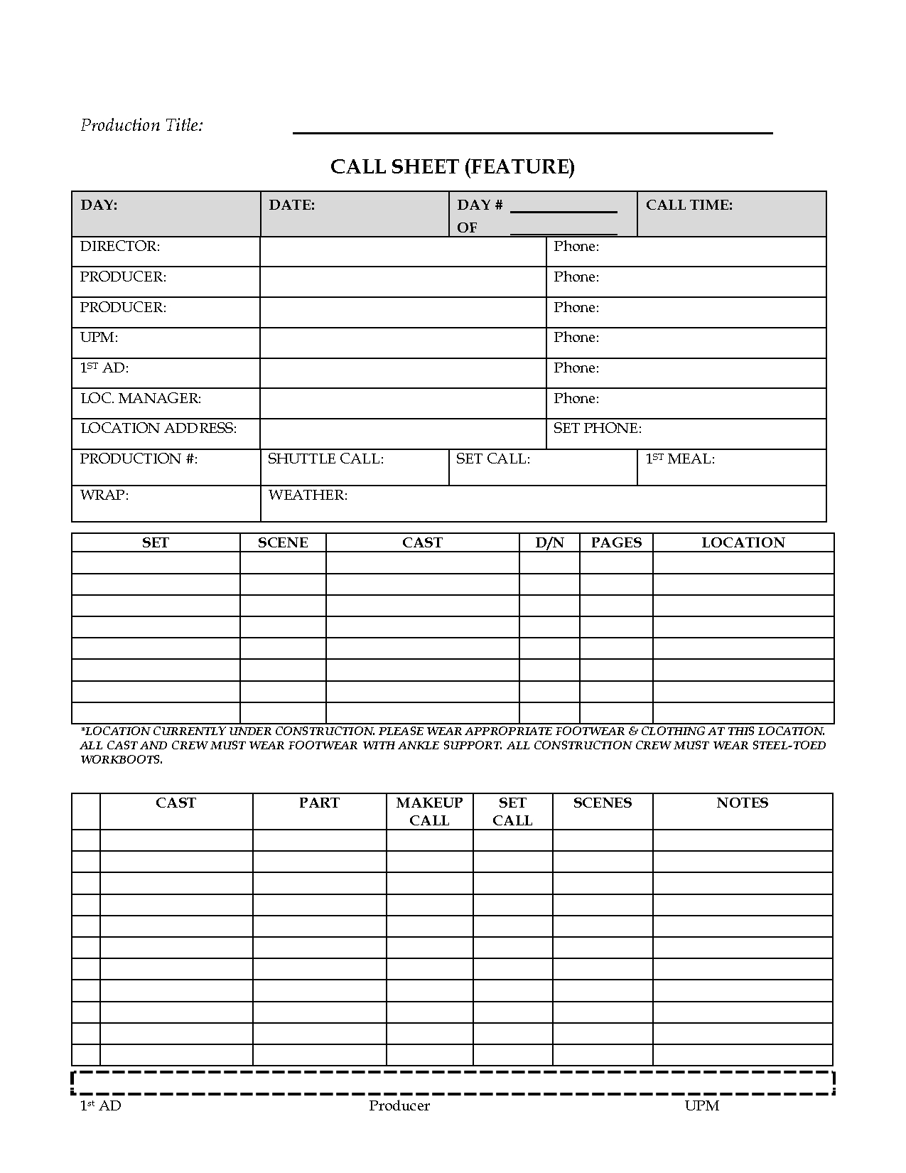 Awesome Call Sheet (Feature) Template Sample For Film Inside Film Call Sheet Template Word