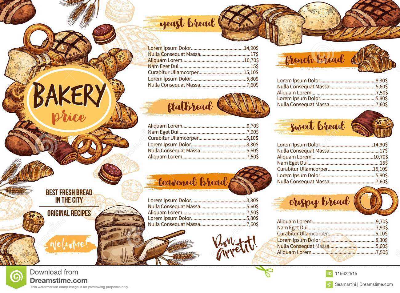 Bakery Menu Template Of Bread For Cafe And Pastry Stock In Free Bakery Menu Templates Download