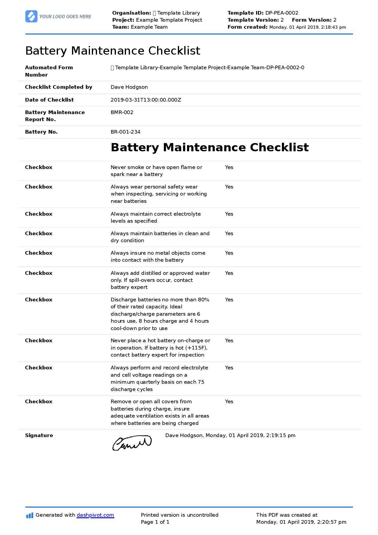 Battery Maintenance Checklist (Forklift, Industrial, Golf With Regard To Computer Maintenance Report Template