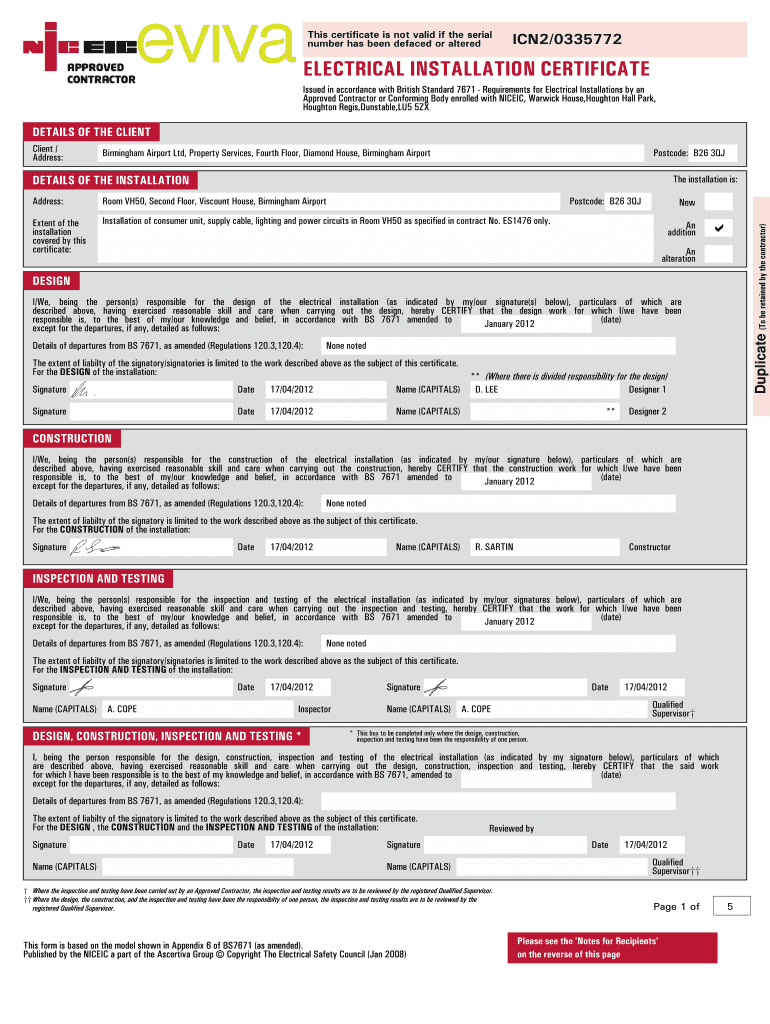 Blank Electric Safety Certificates - Fill Online, Printable With Regard To Electrical Installation Test Certificate Template