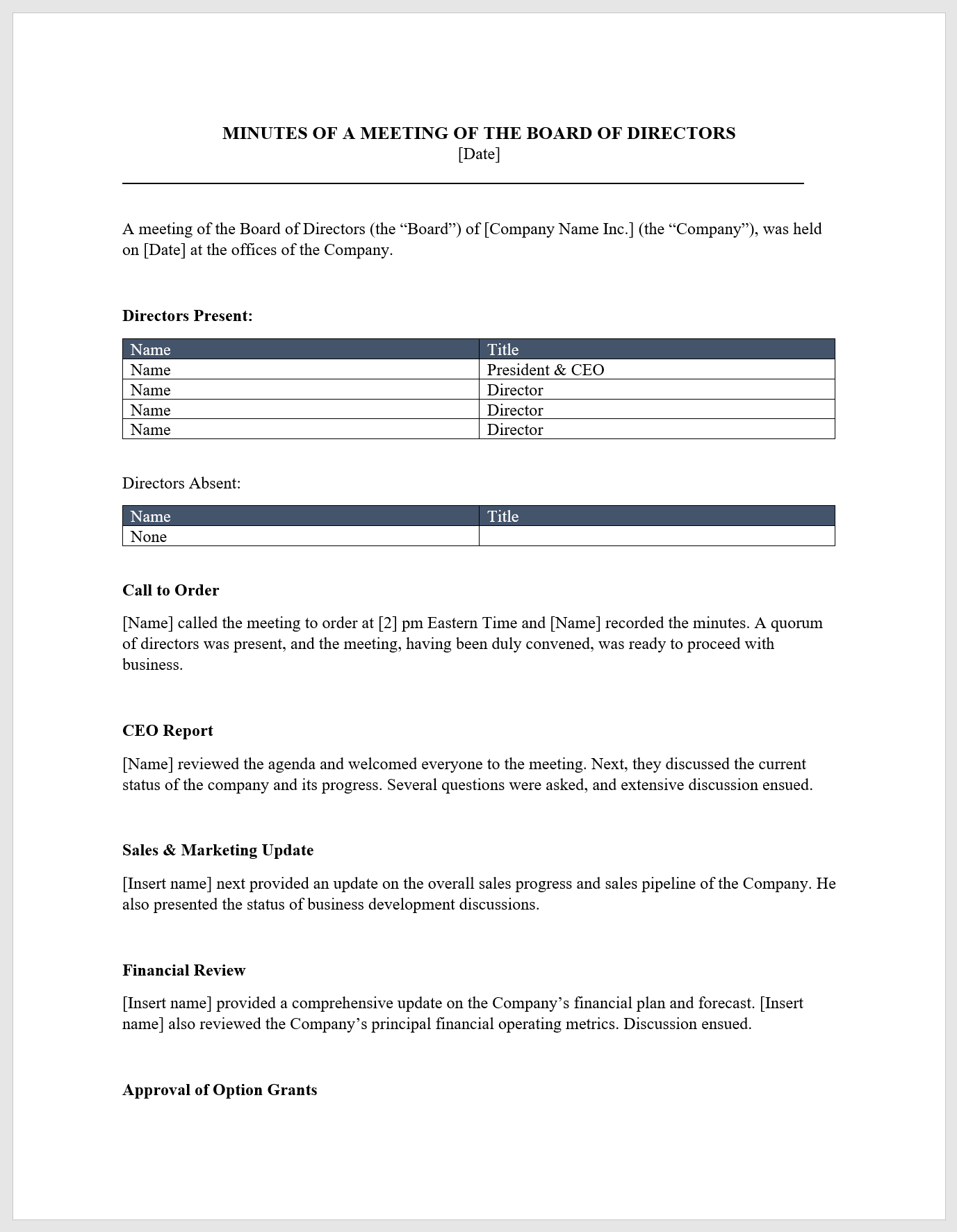 Board Meeting Minutes Template – Download From Cfi Marketplace In Corporate Meeting Minutes Template