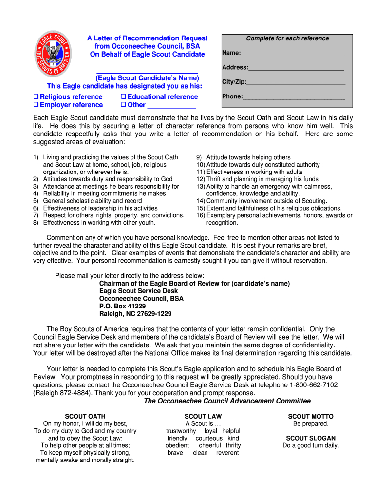 Boy Scouts Of America Eagle Reference Letter – Fill Online With Eagle Scout Recommendation Letter Template