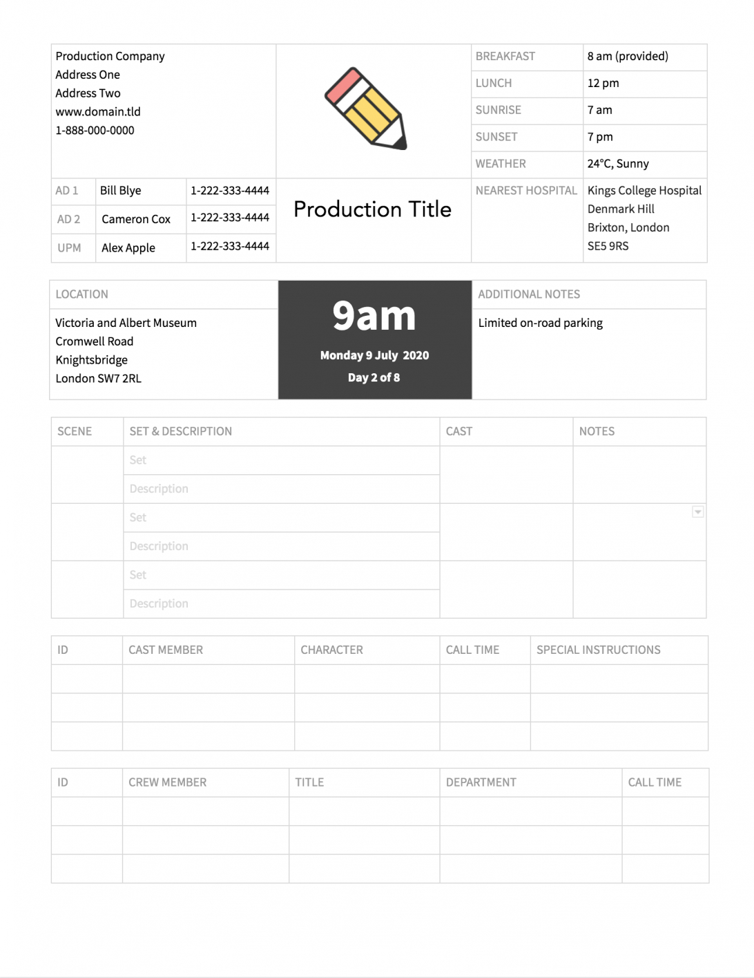 Call Sheet Template For Excel Free Download Sethero Regarding Film Call Sheet Template Word