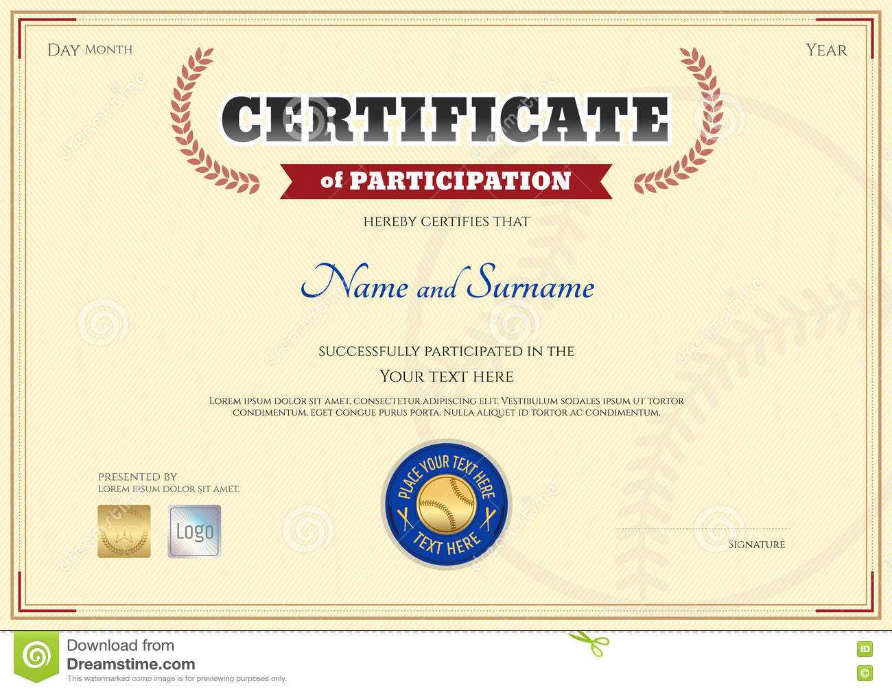 Certificate Of Participation Template In Baseball Sport Throughout Free Templates For Certificates Of Participation