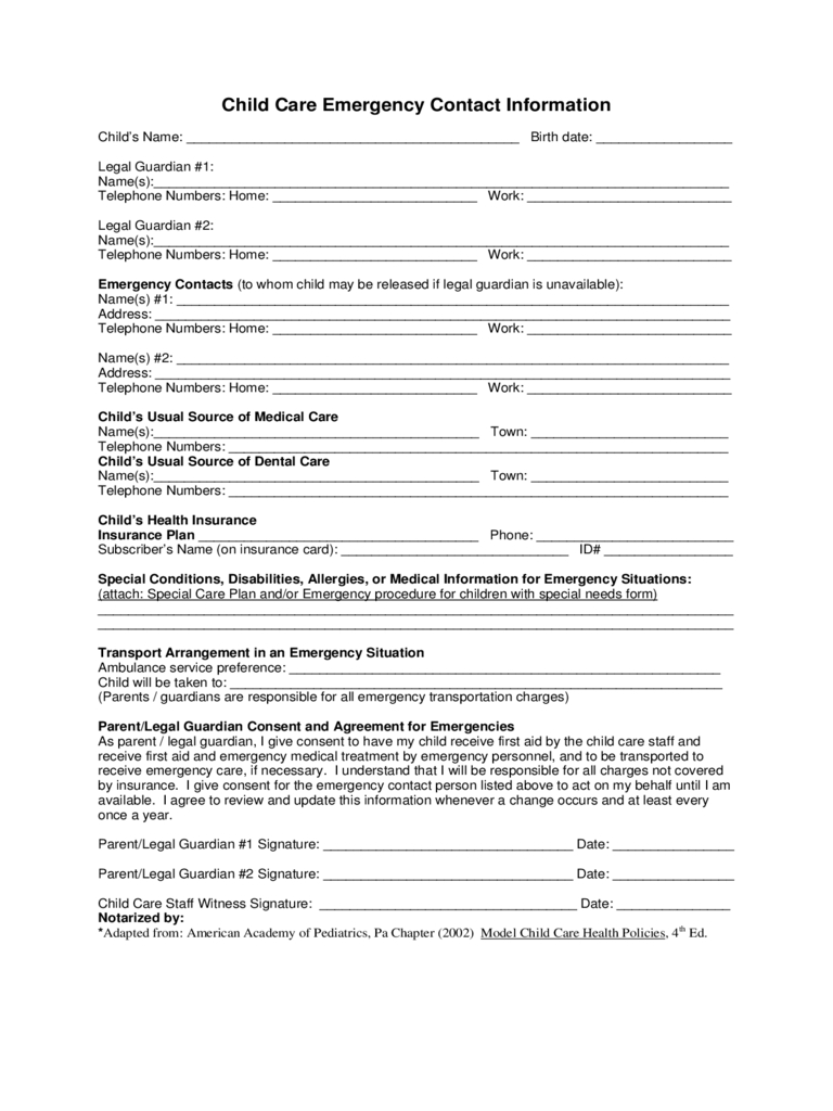 Child Care Emergency Contact Form – 2 Free Templates In Pdf In Emergency Contact Card Template
