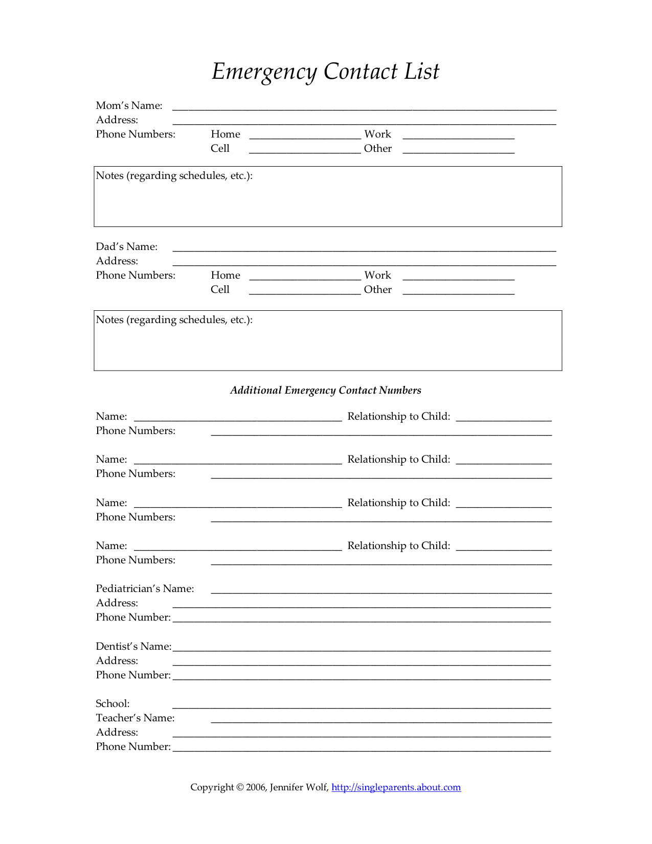 Child's Emergency Contact Form | Single Parent Families For Emergency Contact Card Template