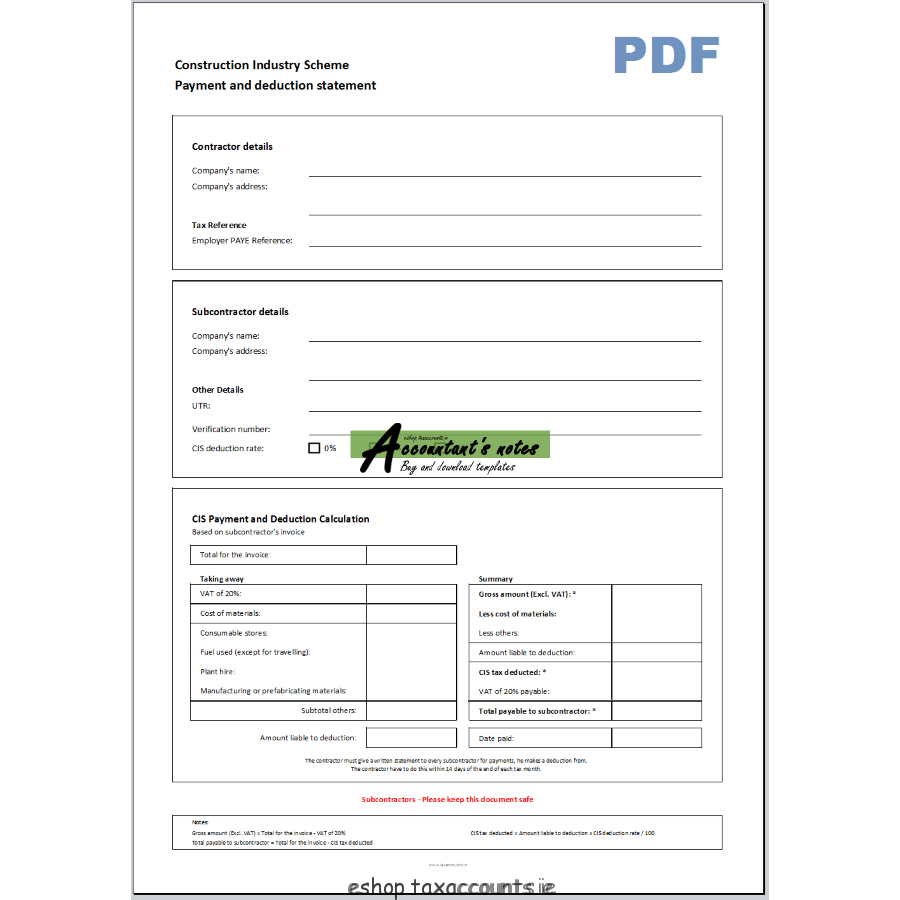 Cis Single Payment Deduction Statement Template For Cis Invoice Template Subcontractor