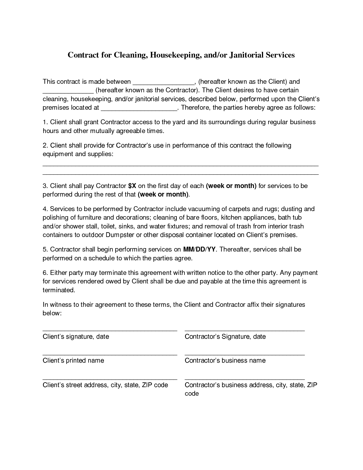 Cleaning Contract Agreement – Free Printable Documents Pertaining To Cleaning Business Contract Template