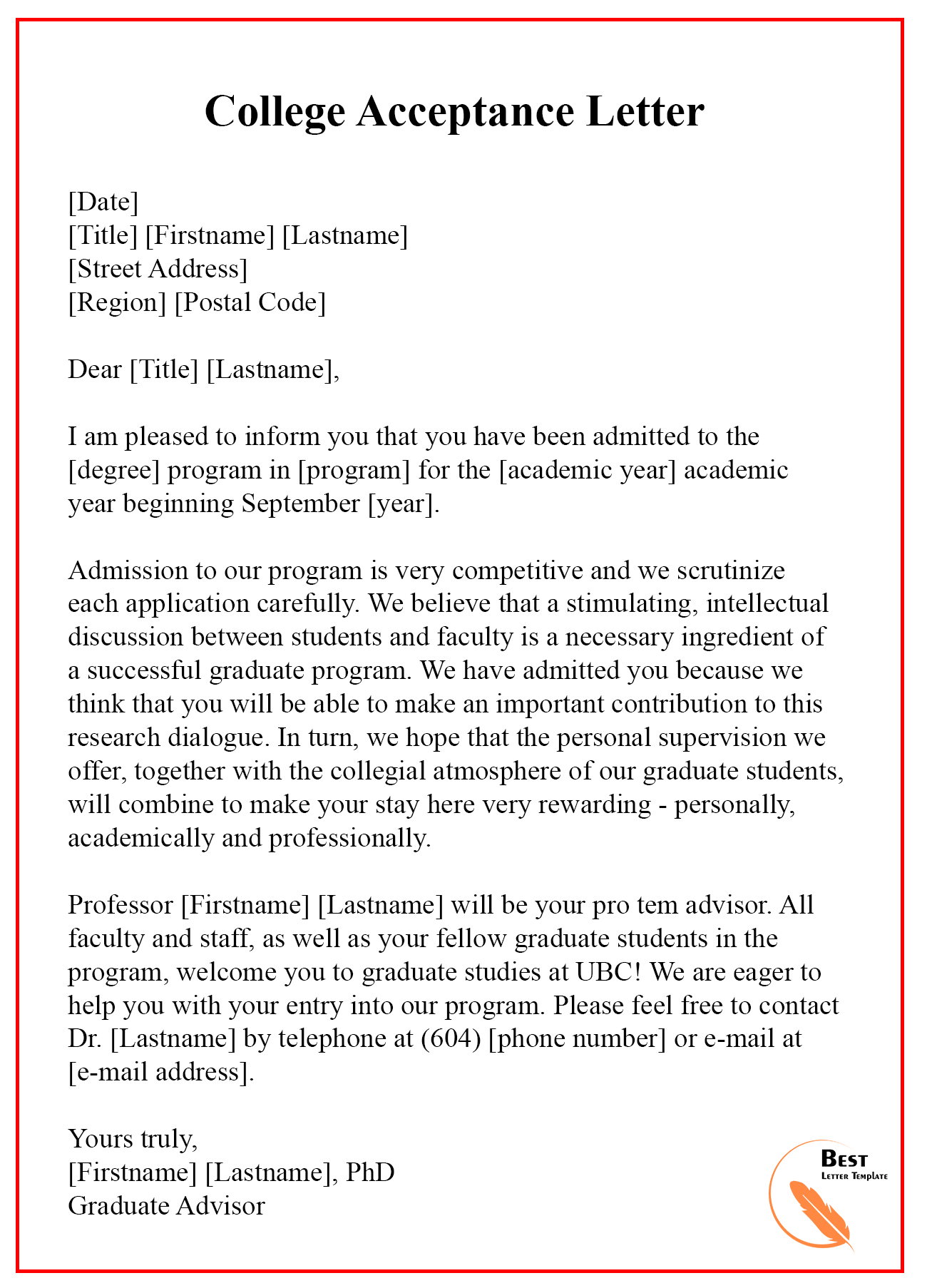 College Acceptance Letter 1 | Best Letter Template Pertaining To College Acceptance Letter Template