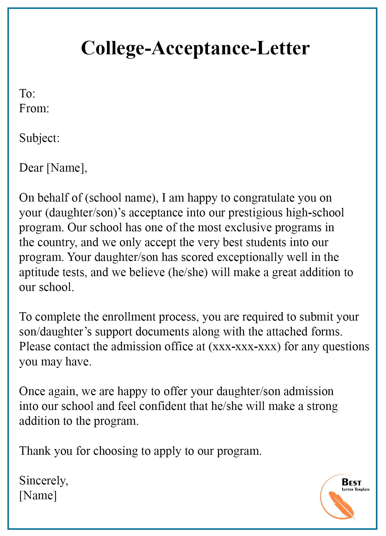 College Acceptance Letter Template – Format, Sample & Examples For College Acceptance Letter Template