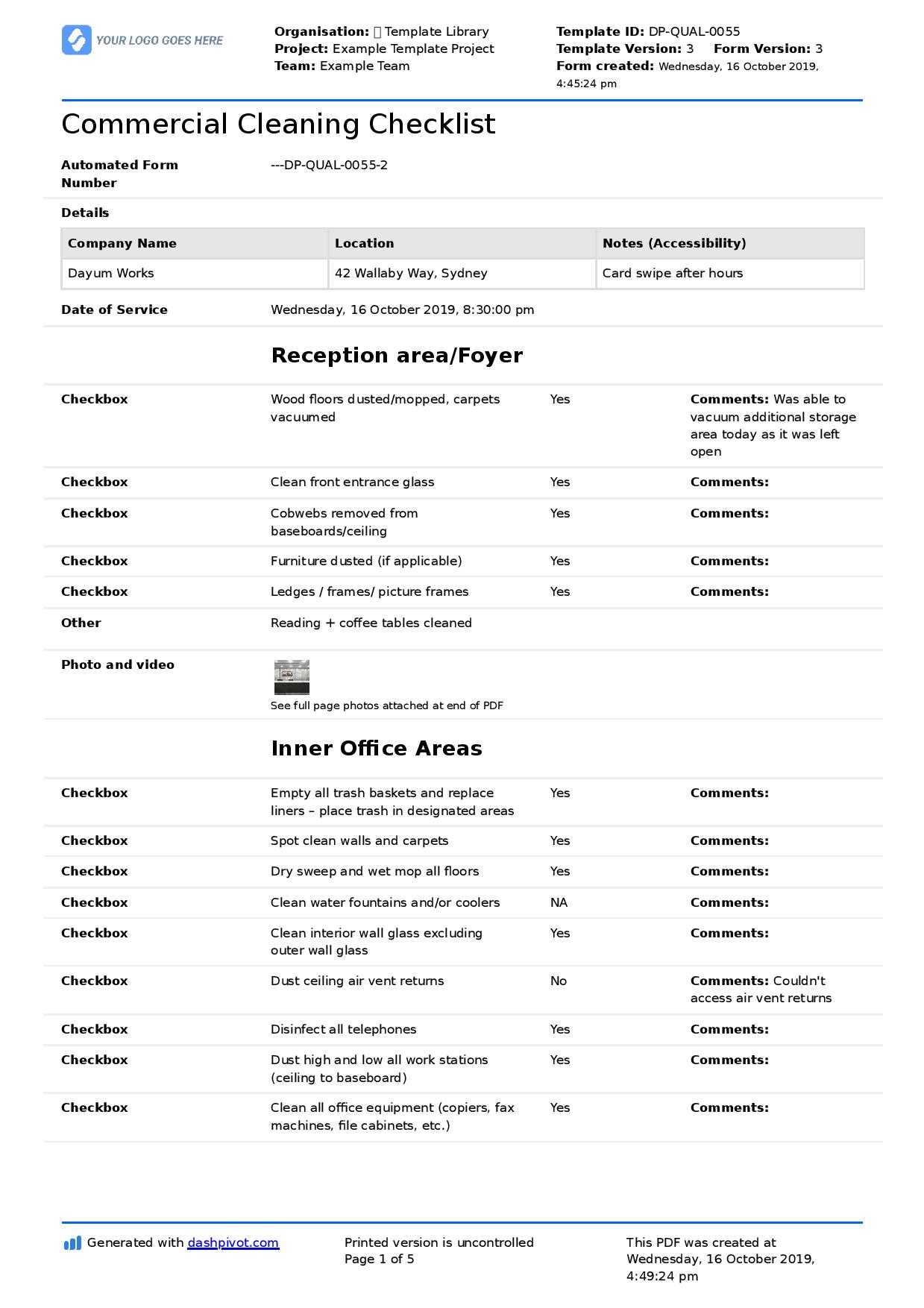 Commercial Cleaning Checklist Template (Free + Editable Inside Cleaning Report Template