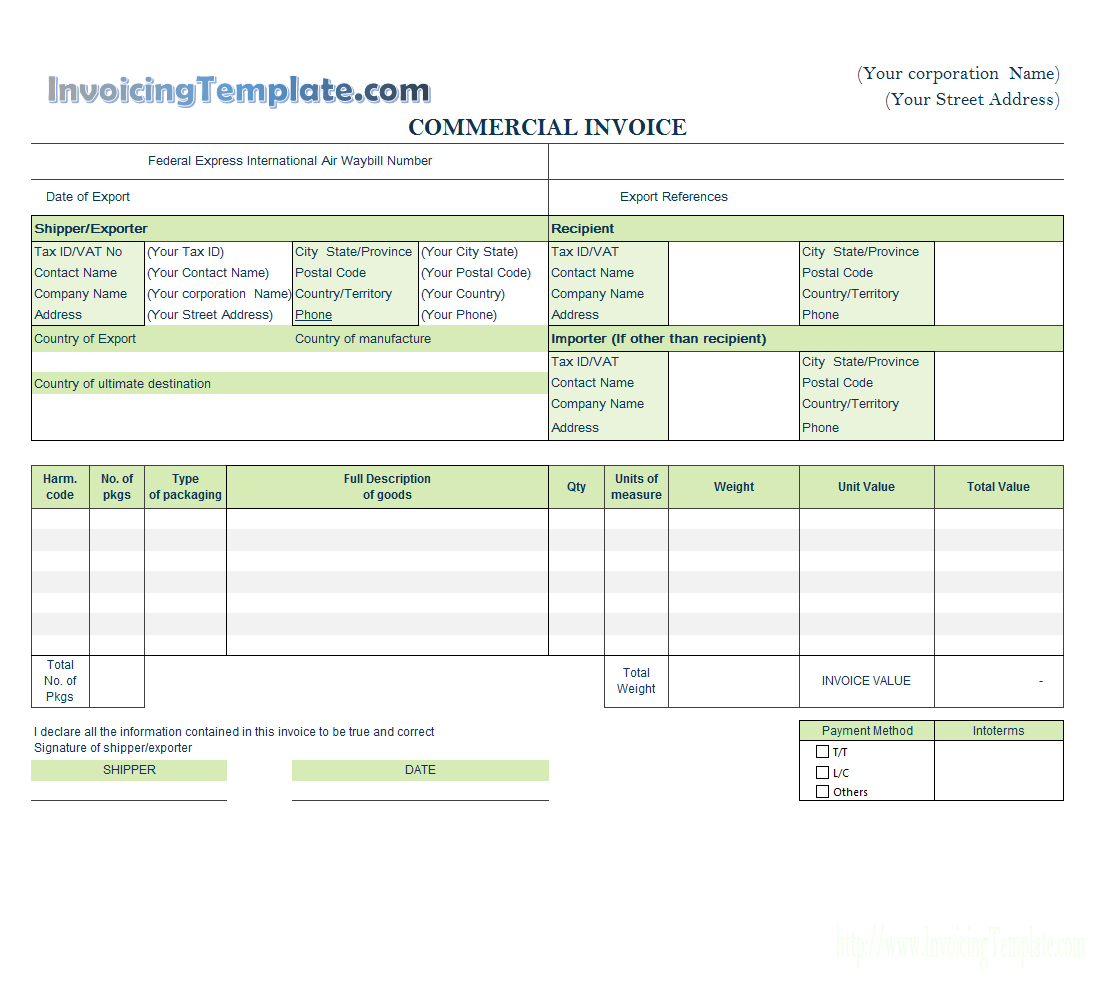 Commercial Invoice For Export In Excel Pertaining To Export Invoice Template Quickbooks
