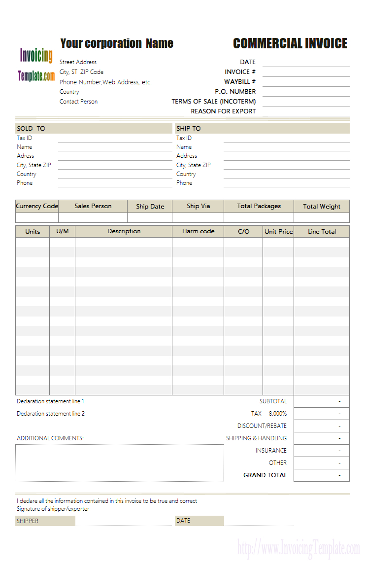 Commercial Invoice For Export In Excel With Regard To Export Invoice Template Quickbooks
