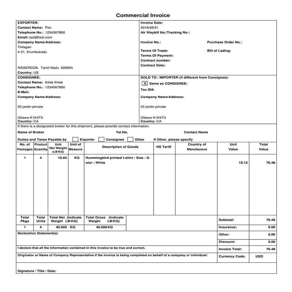 ocean freight commercial invoice template