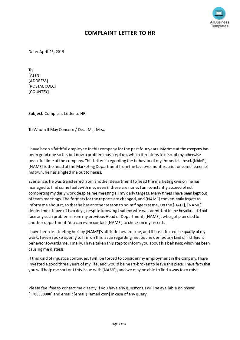 Complaint Letter To Hr | Templates At Allbusinesstemplates In Formal Letter Of Complaint To Employer Template