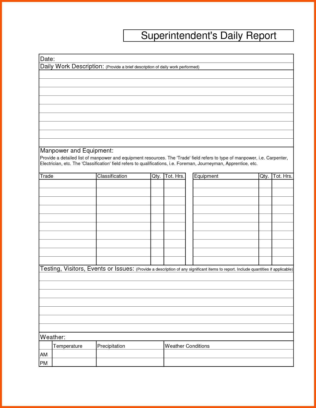 Construction Daily Report Template Examples Best Free Regarding Construction Daily Report Template Free