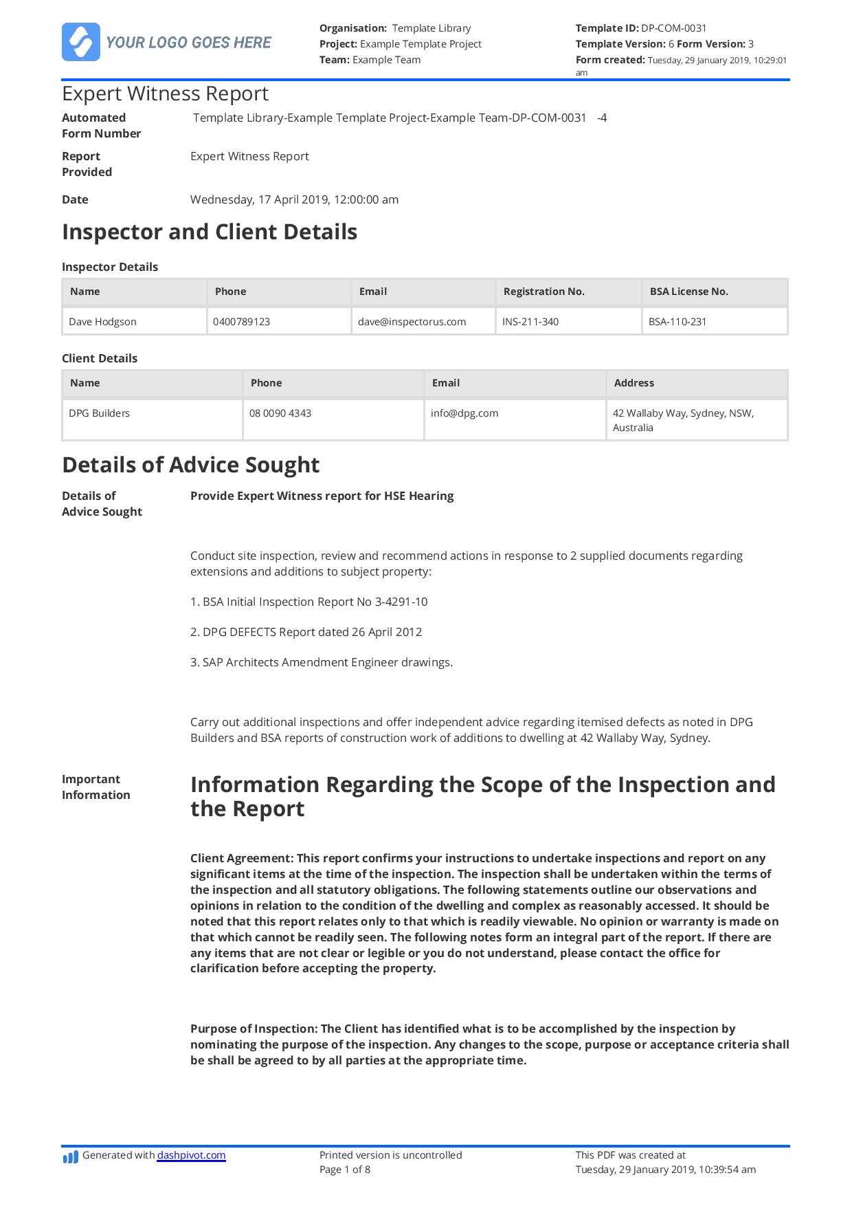 Construction Expert Witness Report Example And Editable Template Inside Engineering Progress Report Template