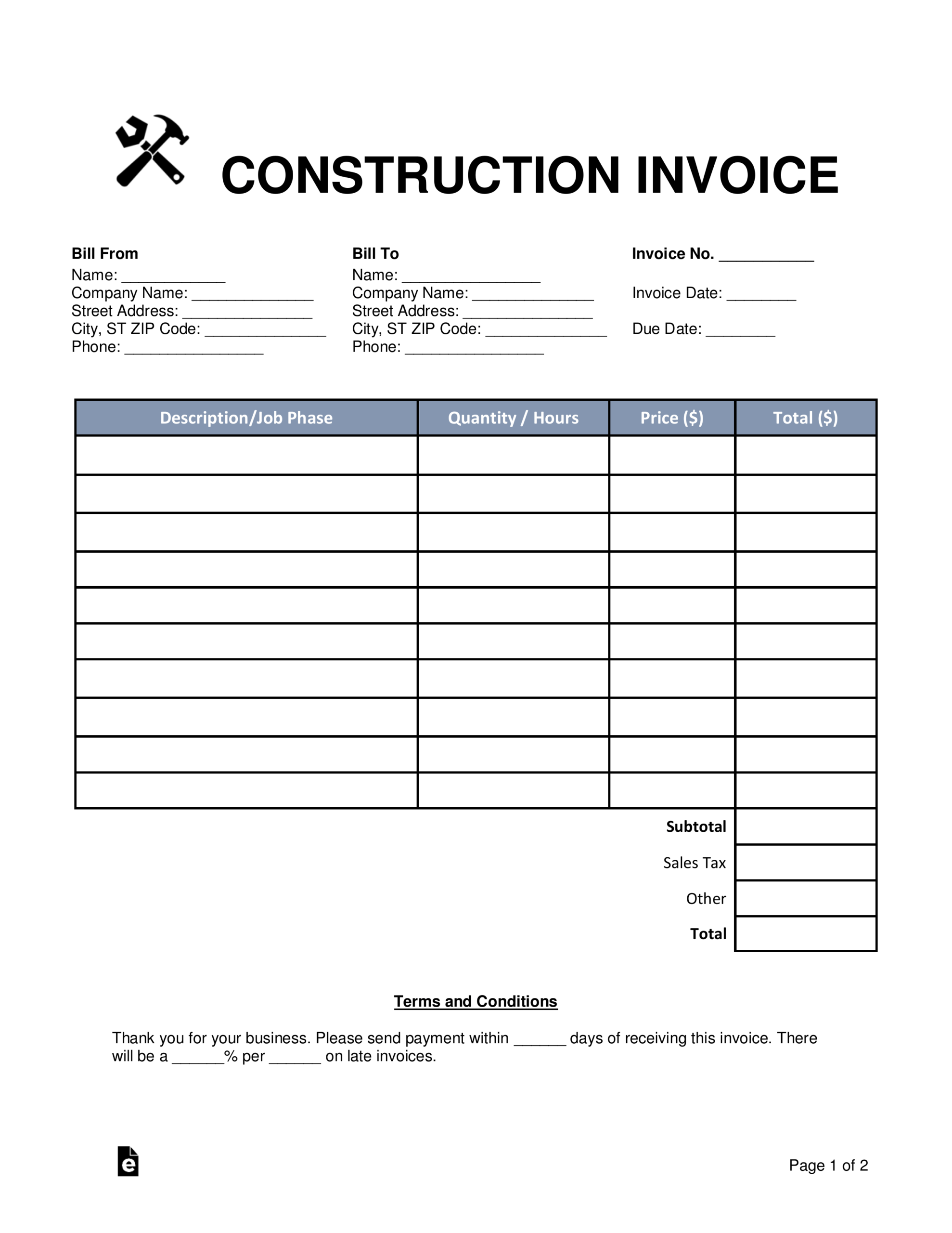 Construction Invoice Template Pdf – Horizonconsulting.co With Contractors Invoices Free Templates