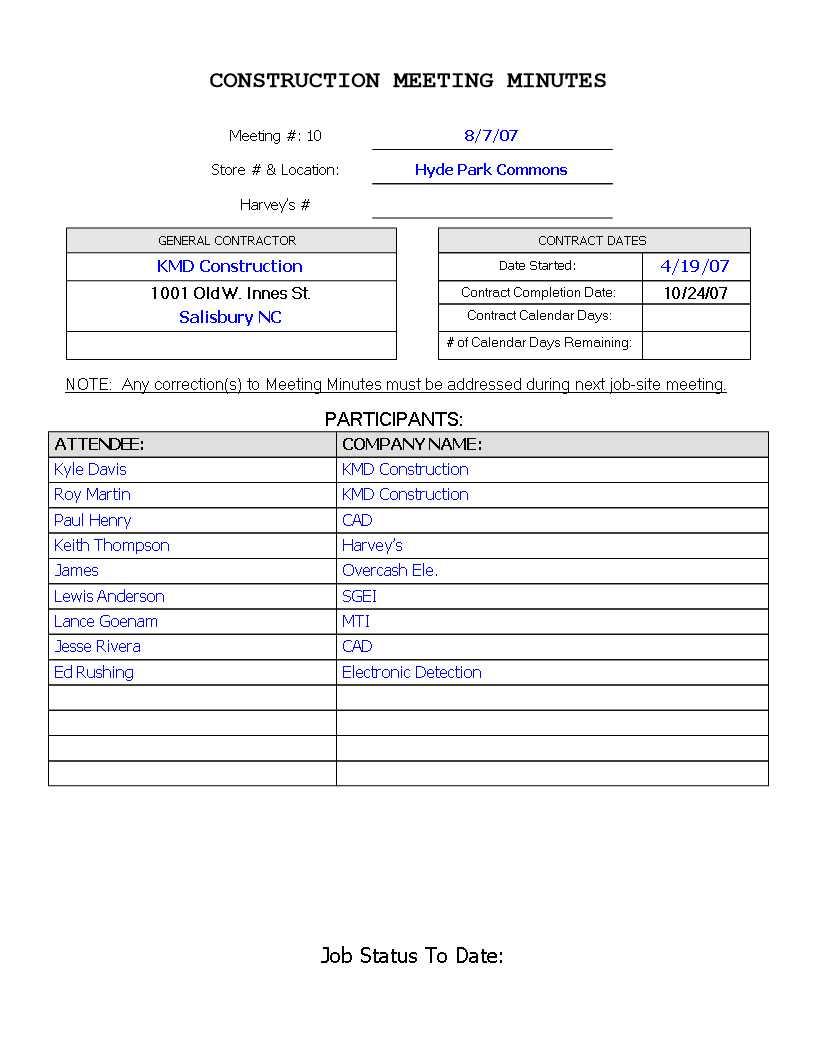 Construction Meeting Minutes | Templates At In Construction Meeting Minutes Template