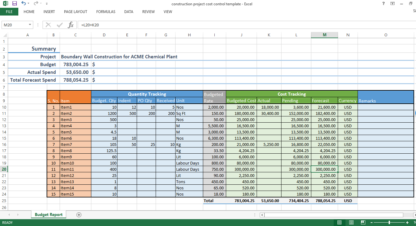 Construction Project Cost Control – Excel Template – Workpack Throughout Construction Cost Report Template