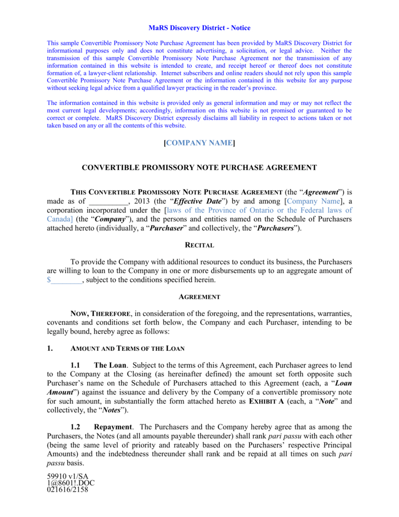 Convertible Promissory Note Purchase Agreement Pertaining To Convertible Loan Note Template