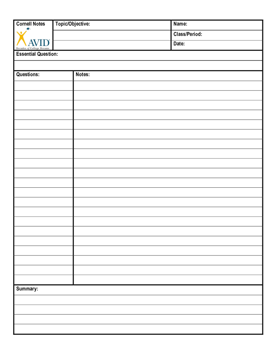 Cornell Notes Template (Avid) – Edit, Fill, Sign Online Within Cornell Note Taking Template Word