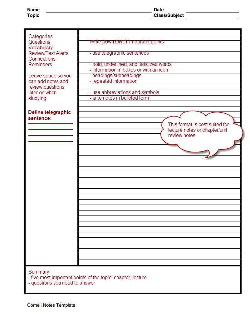 Cornell Notes Template Word Document 2016 Doc 2010 Download Pertaining To Cornell Notes Template Word Document